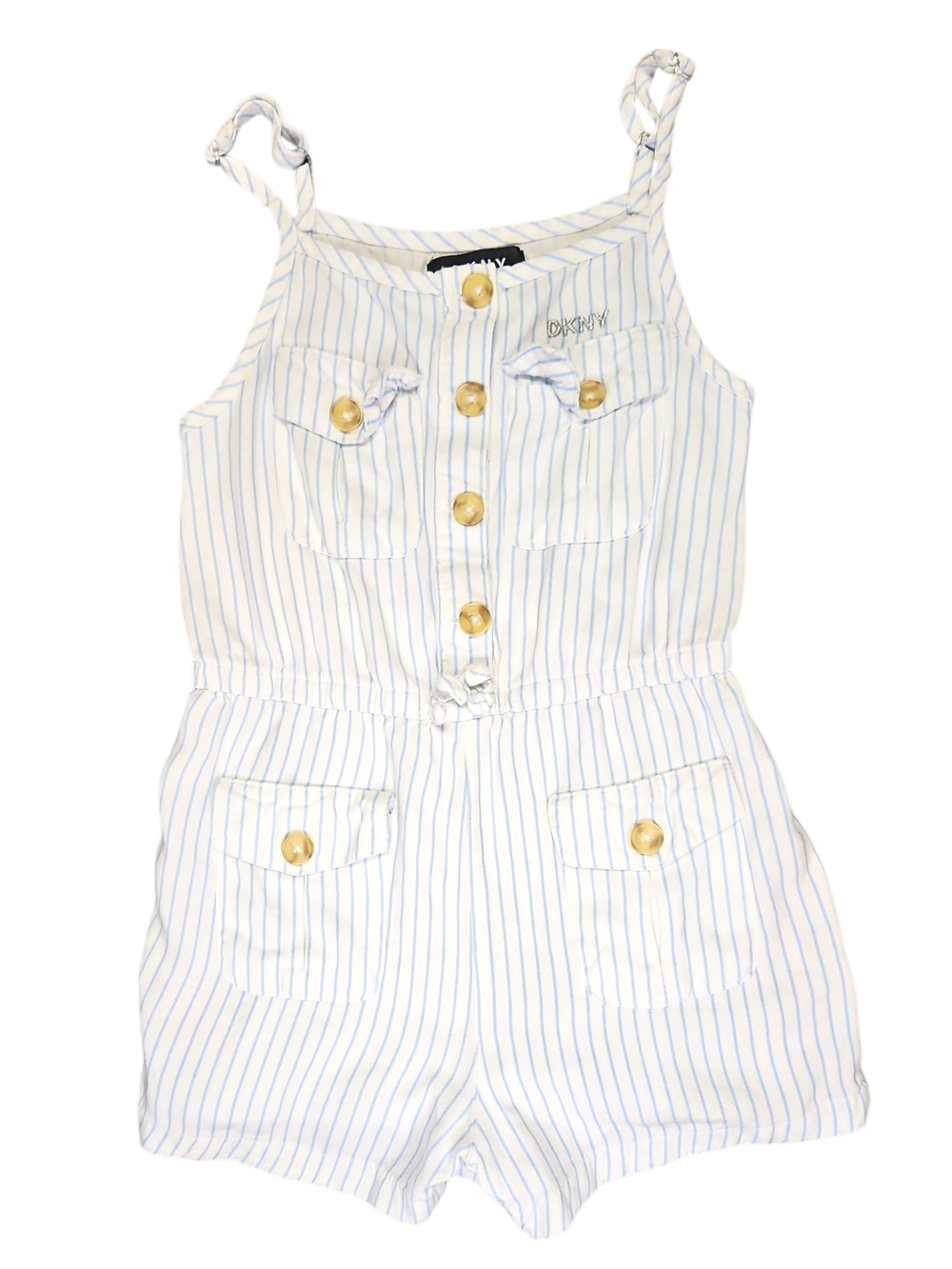 DKNY White with Light Blue Pinstripe Girls' Cotton Romper Size 6